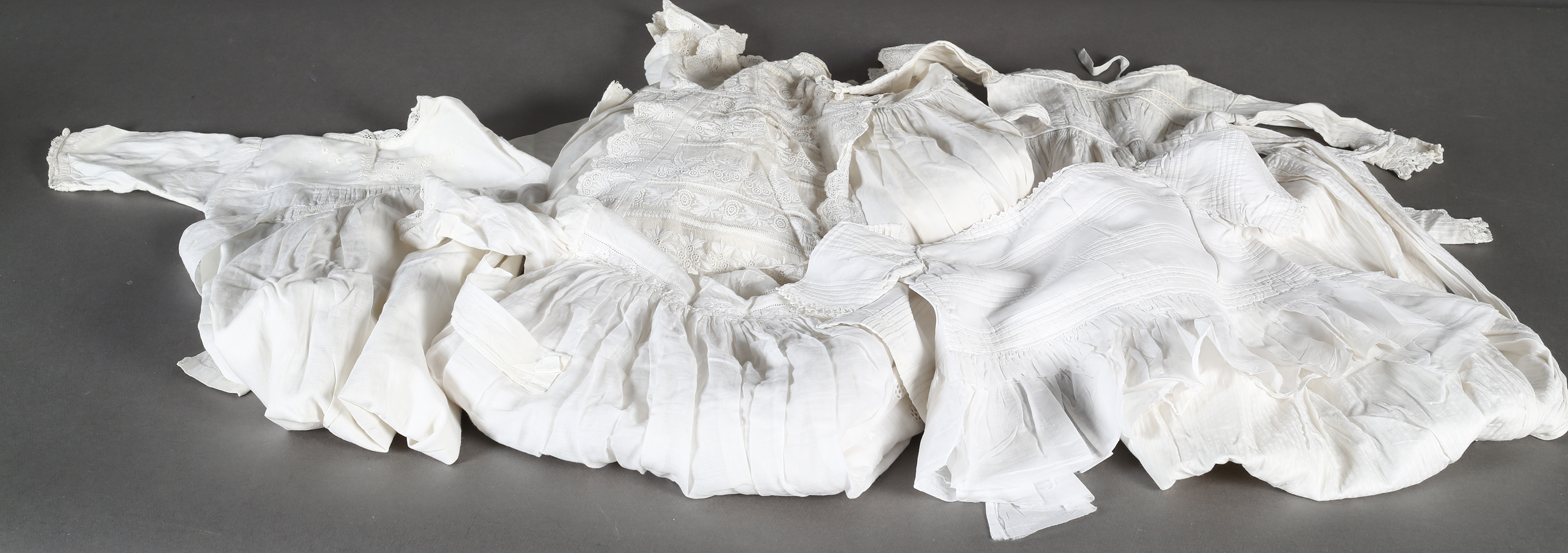 Victorian and later baby's christening gown, dresses and nightwear of embroidered, lace trimmed