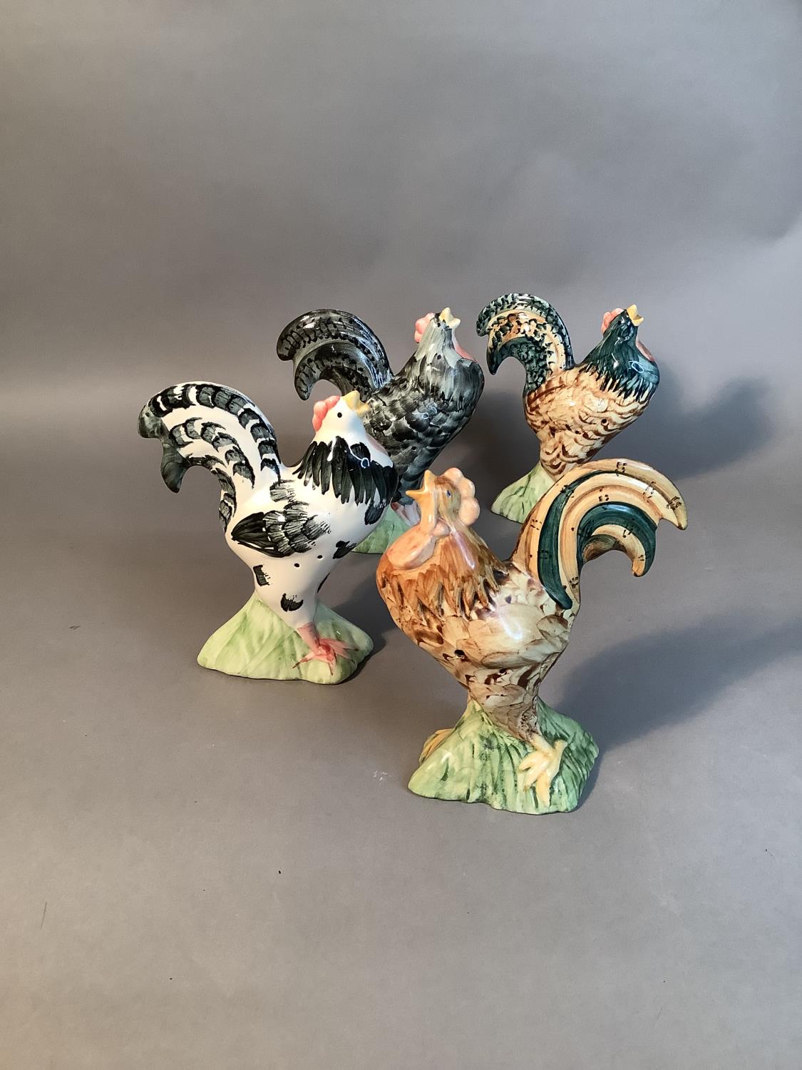 A set of four Alexander pomanders, slip moulded as crowing cockerels, variously decorated, 18cm high - Image 4 of 6