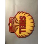 A Vintage Shell cast aluminium garage wall plaque, yellow and red decoration, 36cm high x 36cm wide,
