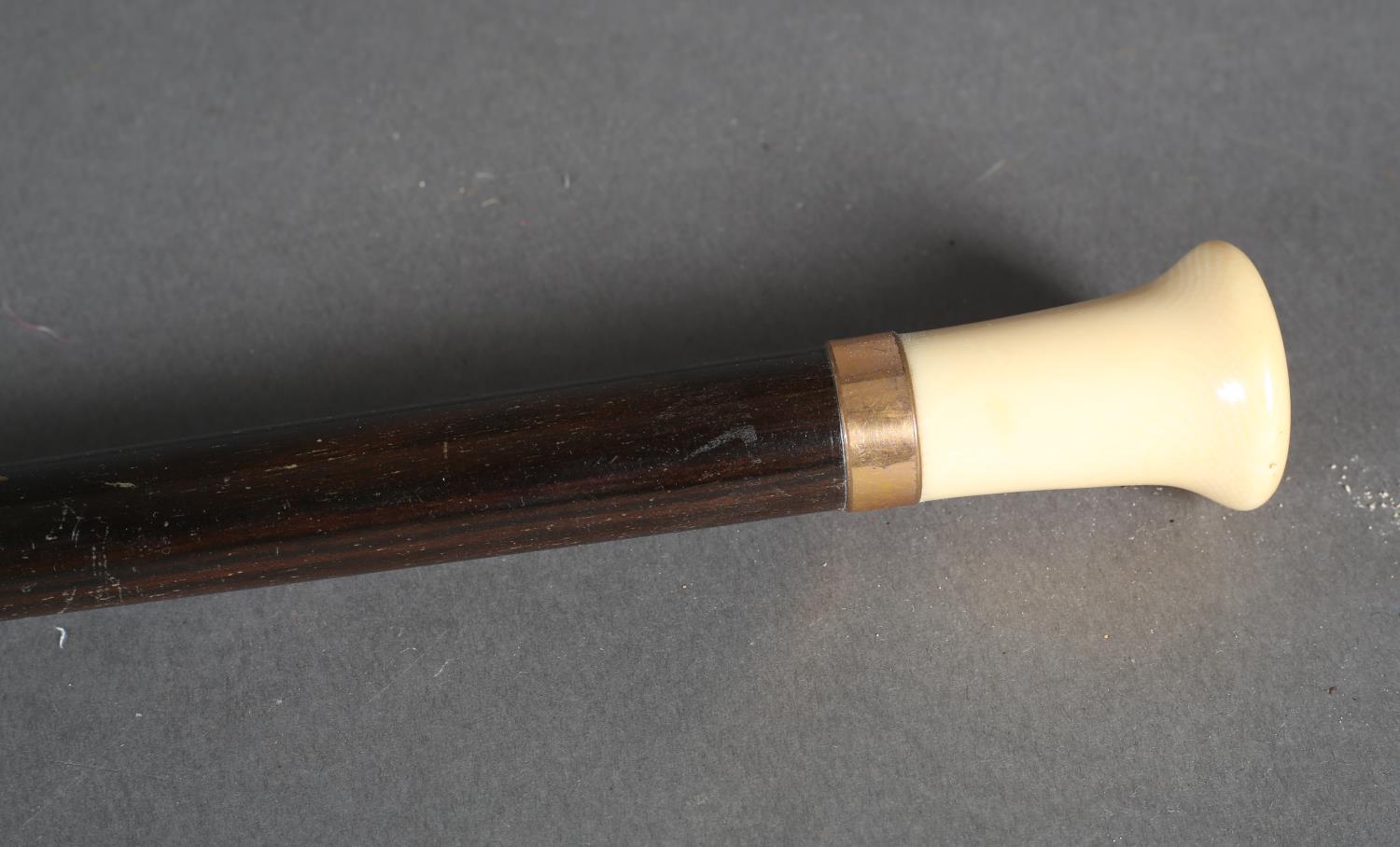 A rosewood tapered walking stick with gold pated collar and ivory pommel, brass ferrule, 92cm high - Image 2 of 3