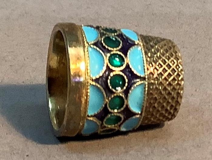 A Russian silver and enamel thimble, band of green enamel circles on a dark blue ground with - Image 4 of 4