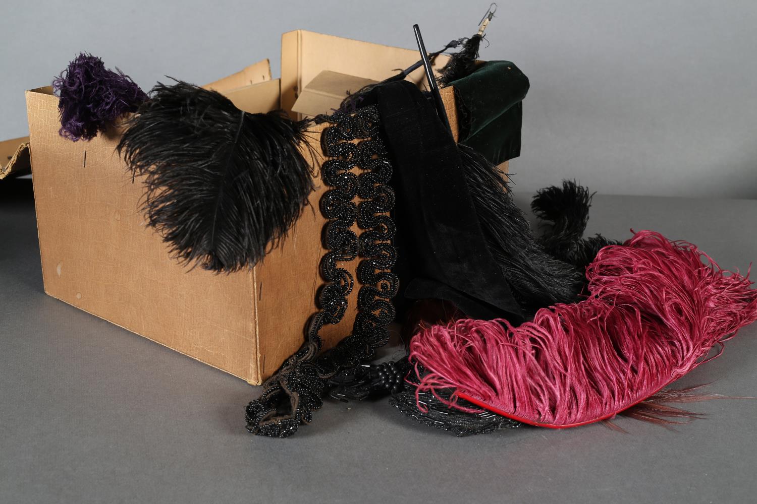 Funeral director's horse trims including black and purple ostrich feathers and black velvet trims,
