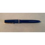 A Parker Duofold in blue, M.S, 14k nib stamped 35, 14cm long