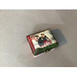 A 19th century china box, the slightly domed cover painted with two watchmen, one carrying a