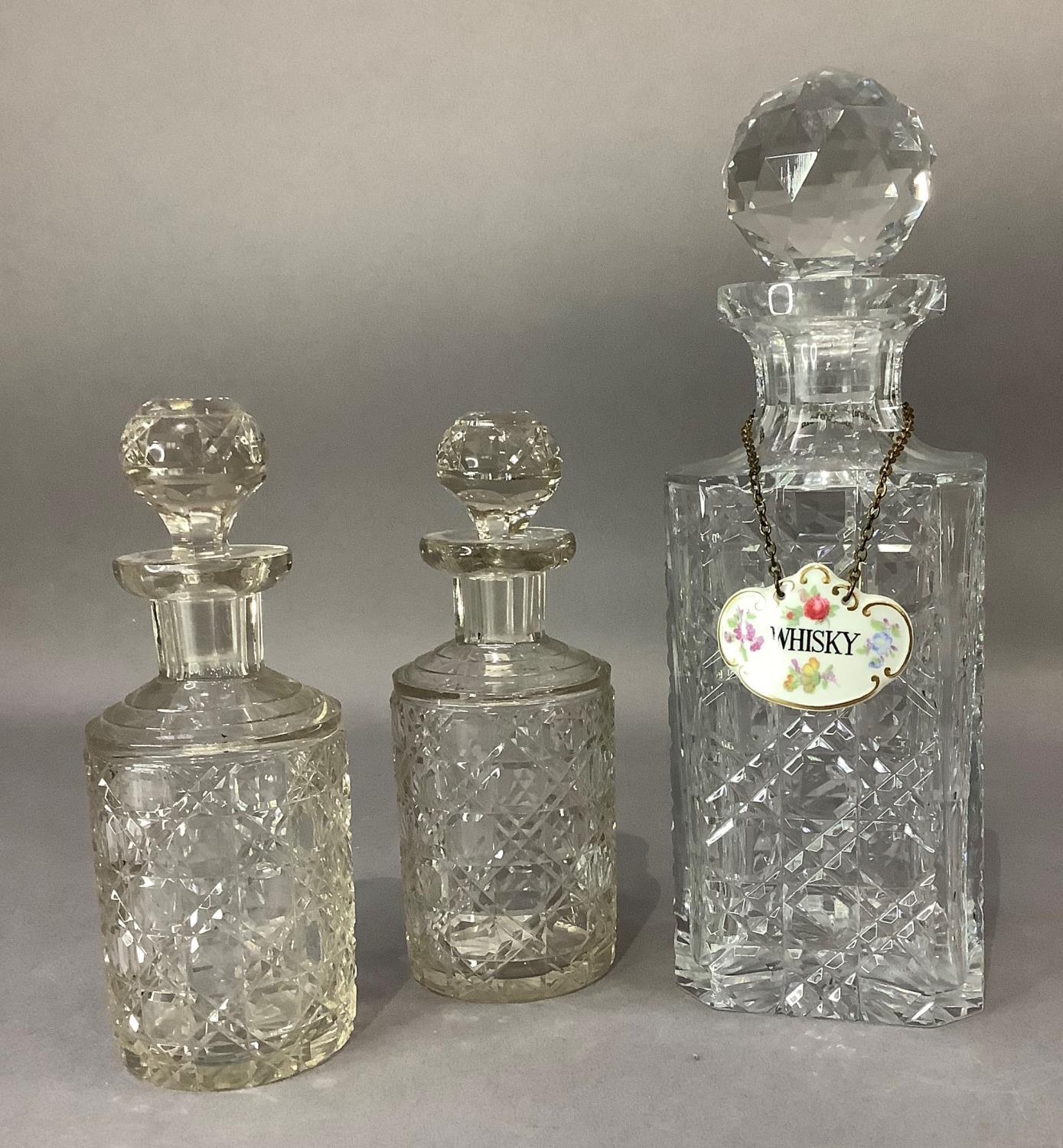 A hobnail cut spirit decanter with facetted stopper and china whisky label together with two - Image 2 of 3