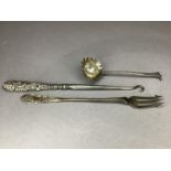 A late Victorian silver pickle fork hallmarked Birmingham 1899, together with and Edward VII