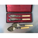 A pair of ivory leaf carved handled butter knives in fitted case together with a pair of bone