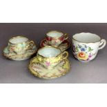 Three early 20th century Dresden harlequin cabinet cups and saucers each painted in polychrome