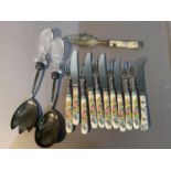 China handled fruit knives and forks, cheese knife, an agate and silver butter knife and a pair of