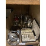 A set of six silver plated fish knives and forks, cased, a Pico ware hot water jug, silver plated