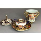 A collection of Royal Crown Derby including a miniature teapot, a ring tree, scalloped pin tray