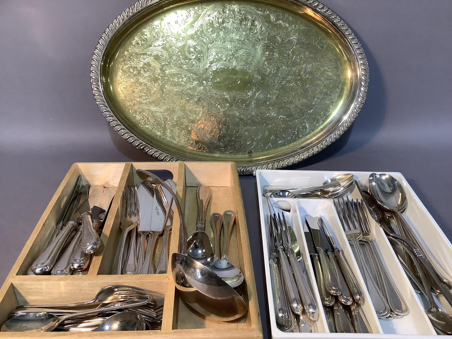 A suite of silver plated beaded cutlery including dinner knives and forks, fish knives and forks, - Image 2 of 2