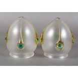 A PAIR OF FRENCH ART NOUVEAU FROSTED GLASS SHADES of cone form with applied yellow and green surface