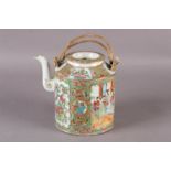 A CANTONESE FAMILLE ROSE TEAPOT of cylindrical form, the body alternatively decorated with panels of