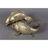 A PAIR OF CHINESE BRONZE CARP OF REALISTIC FORM with scaled bodies, open mouths and each with four