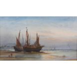 T MONTIMEN (early 20th century), Beached fishing boats at first light, watercolour, heightened