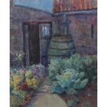 HERBERT E BUTLER (1861-1931), cottage garden, water butt and potter's shed, watercolour, signed to