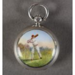 A VICTORIAN SILVER AND ENAMEL SOVEREIGN CASE, the lid finely enamelled with a batsman taking a swing