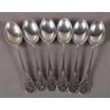 A SET OF SIX SILVER COFFEE SPOONS with fret cut terminals, by S.S, Sheffield 1966, cased