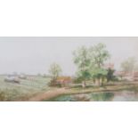 NORMAN BRADLEY (20th century), Haytime ***, Harvest scene, church and pond, watercolour, signed to