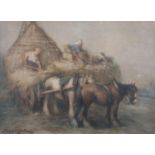 ARR DAVID T ROBERTSON (1879-1952), Loading the hay cart, harvest scene with heavy horses,