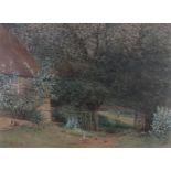 E* C* BOOTH (19th century) Hayrick and stream, watercolour, signed and dated 1865 to lower left