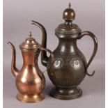 A CONTINENTAL COPPER PEAR SHAPED COFFEE POT, hinged lid with acorn finial, strapwork handle cast