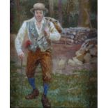 C G (19th century English school), Study of a countryman with walking stick, a basket over his