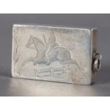 A VICTORIAN SILVER MATCH BOX of rectangular form, the sprung hinged lid engraved with a huntsman