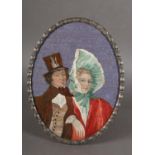 A HALF LENGTH NEEDLEWORK AND WATERCOLOUR OVAL PORTRAIT OF A YOUNG COUPLE, he wears waistcoat,