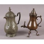 AN EARLY 18TH CENTURY CONTINENTAL COPPER COFFEE POT of pear shape with conical pull-off lid, S-