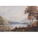 ADAM EAST (Mid 19th century), Derwentwater, Cumberland, lakeside with cattle and figure,