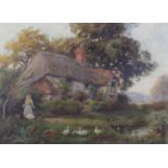 ENGLISH SCHOOL (Early 20th century), Cottage near Sandhurst, Kent, thatched cottage with girl and
