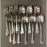 A SET OF SIX MID VICTORIAN SILVER RAT TAIL OLD ENGLISH PATTERN DESSERT SPOONS, together with a