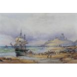 ROBERT ERNEST ROE (1852-1921), Bamburgh, masted sailing ship at low tide, figures and carts