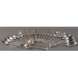 A COMPOSITE SET OF EDWARD VII SILVER FIDDLE PATTERN TABLE CUTLERY COMPRISING: eleven table forks,