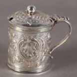 A GEORGE III SILVER MUSTARD POT AND DOMED COVER, London 1799, maker's initials JA, engraved with a