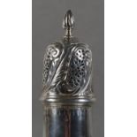 A LATE VICTORIAN SILVER SUGAR CASTOR with spiral fluted finial, pierced leaf and scroll embossed