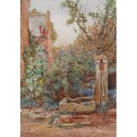 Sidney Currie (d.1930), cottage garden and water pump, watercolour, signed to lower left, 25cm by