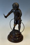 Spelter ‘Bronzed’ ‘Le Cerceau’ Figure featuring a girl with the hoop, marked Auguste Moreau (1834-
