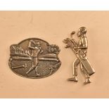 Two 20th Century .925 Sterling Silver Golfing badges – one of a gent carrying bag of clubs with