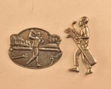 Two 20th Century .925 Sterling Silver Golfing badges – one of a gent carrying bag of clubs with