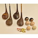 Collection of coated steel shafted woods, golf bag and period wrapped and unwrapped golf balls (4) –