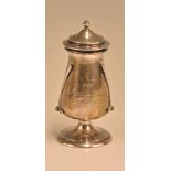 Hallmarked silver lidded golfing trophy for Delhi Flour Mills Co Ltd Cup, the body of tapered form