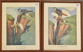 Charles Crombie - pair amusing coloured golfing prints - titled “What shall I take for this?” and “