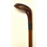 Light stained Sunday golf walking stick - fitted with golf club putter handle, slight indent to