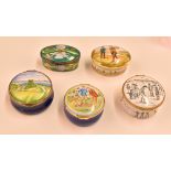 5x enamel boxes with golfing designs – incl Bilston and Battersea Enamels ‘The first green at St