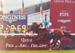 Frankie Dettori Signed Horse Racing Photograph in colour depicting an action scene, measures 30x21cm