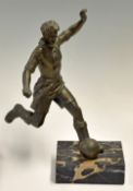 20th century Spelter Football Figure depicting an action scene, mounted to marble base, measures