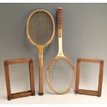 2x wooden tennis rackets with presses one marked Majestic to the concave wedge with regular handle